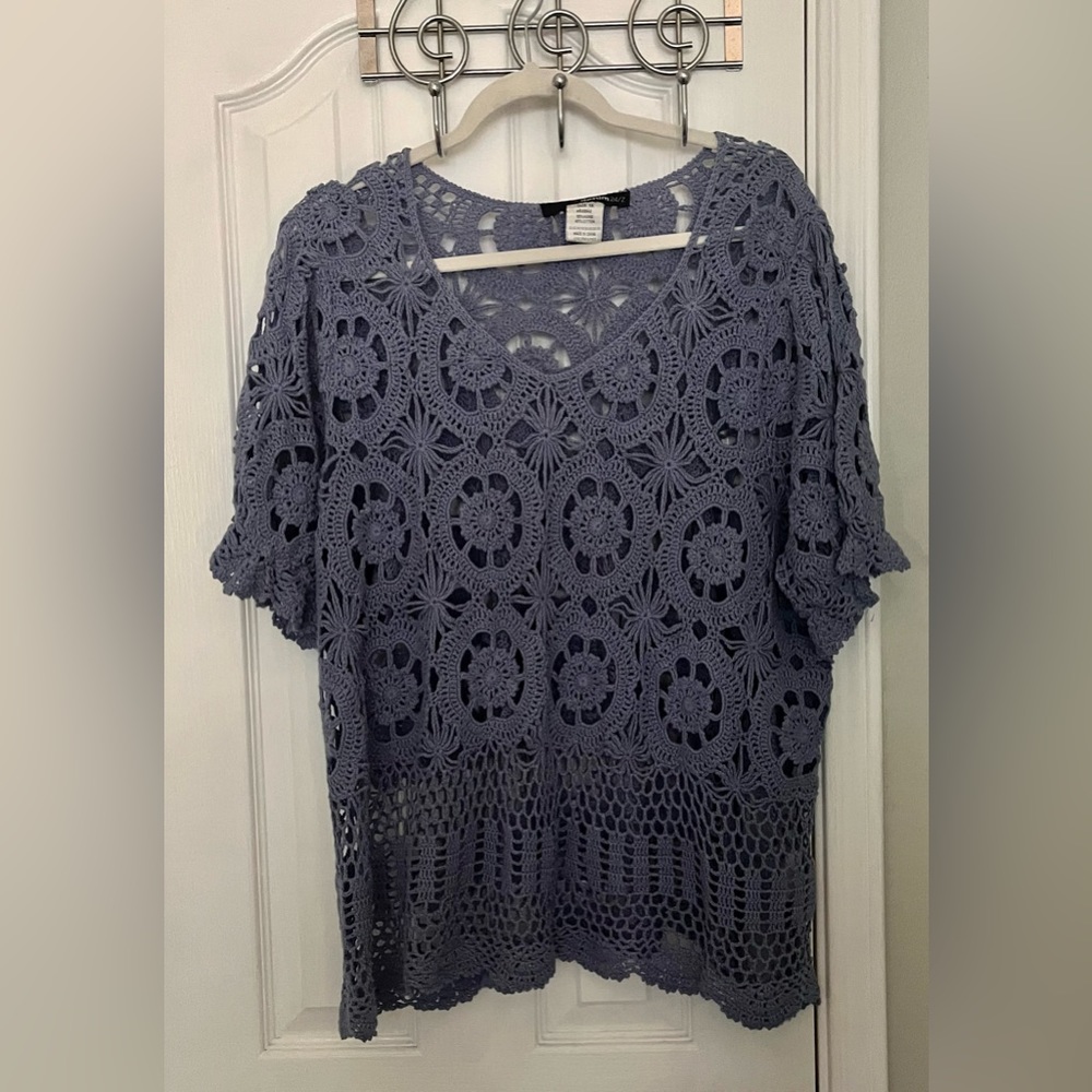 DENIM 24/7 WOMENS CROCHET SWEATER, SLATE BLUE, size 1X - Picture 4 of 7